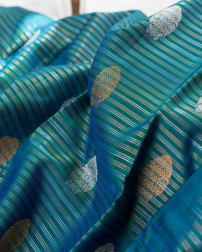 Kanchipuram Silk Stripes and Butta Sea Green Saree With Rakhi and Gift Box