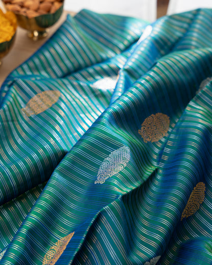Kanchipuram Silk Stripes and Butta Sea Green Saree With Rakhi and Gift Box