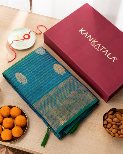 Kanchipuram Silk Stripes and Butta Sea Green Saree With Rakhi and Gift Box