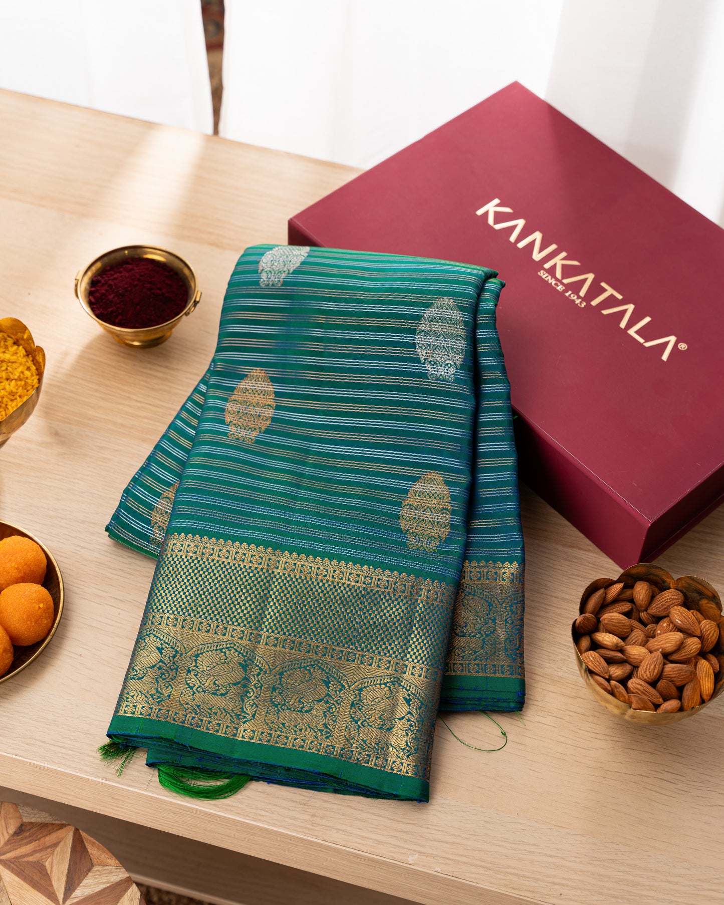 Kanchipuram Silk Stripes and Butta Sea Green Saree With Rakhi and Gift Box