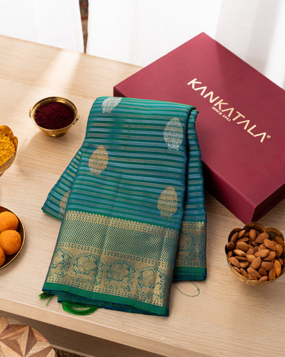 Kanchipuram Silk Stripes and Butta Sea Green Saree With Rakhi and Gift Box