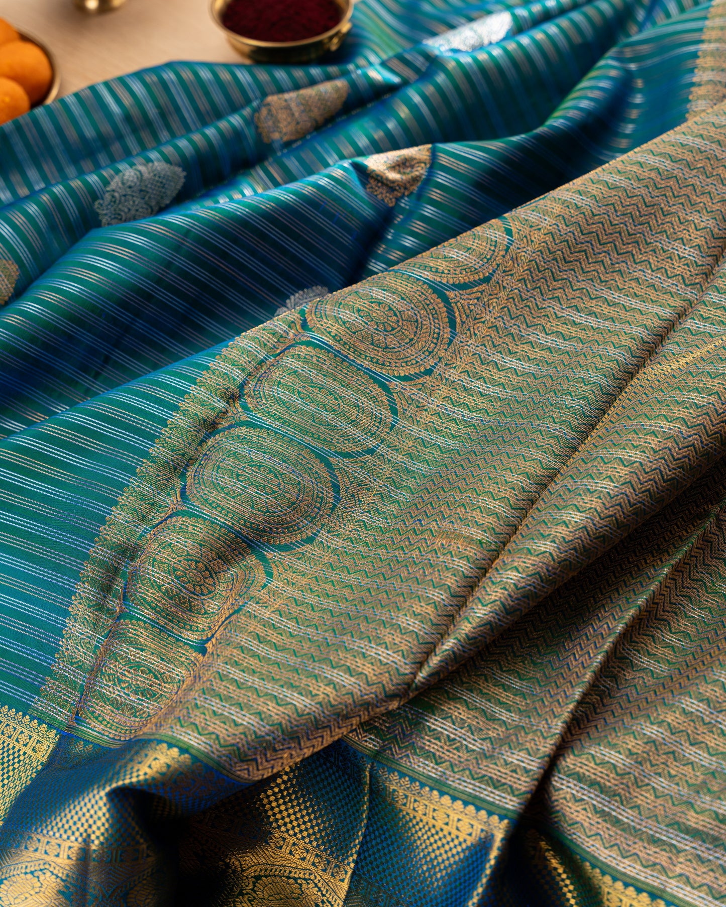 Kanchipuram Silk Stripes and Butta Sea Green Saree With Rakhi and Gift Box
