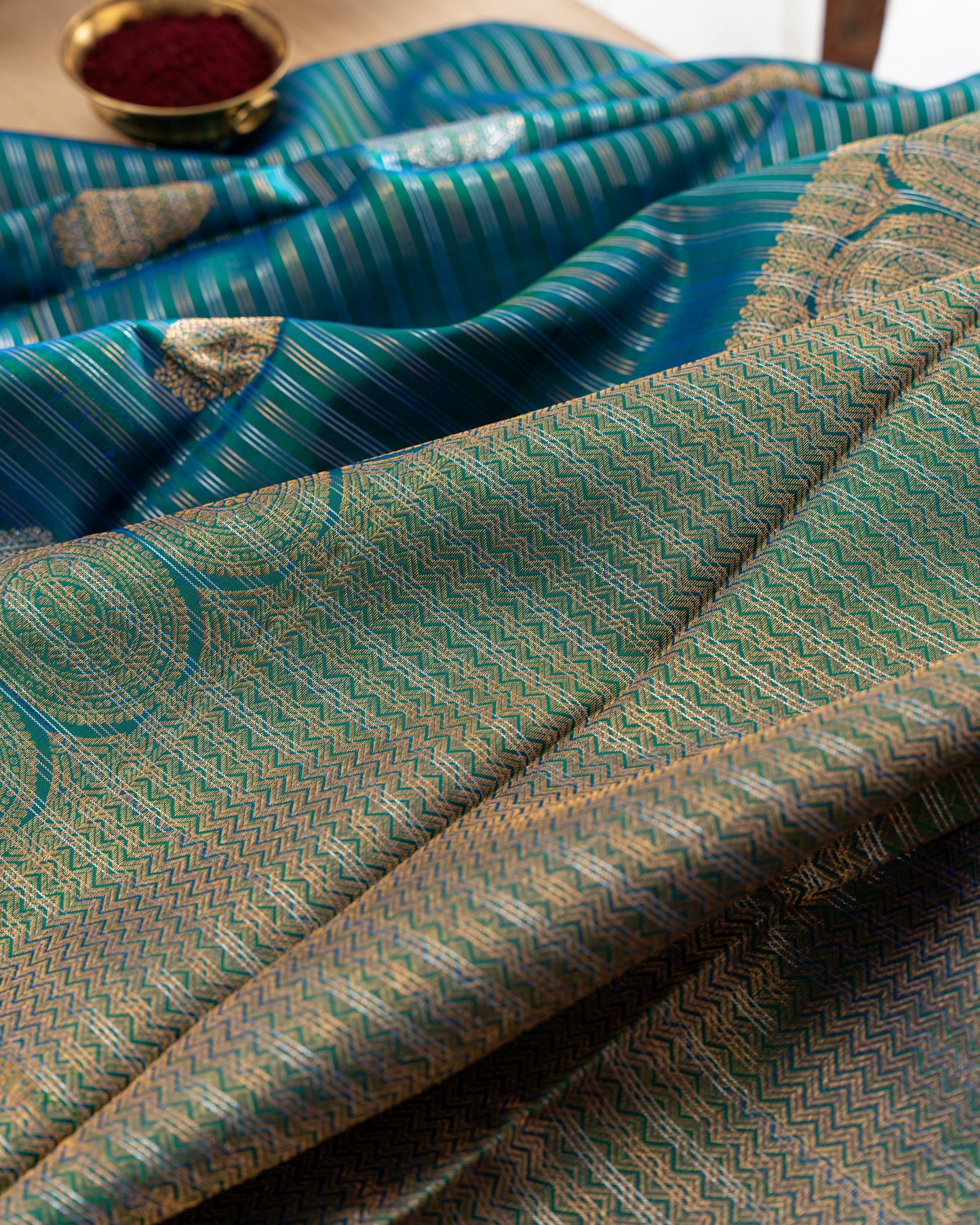 Kanchipuram Silk Stripes and Butta Sea Green Saree With Rakhi and Gift Box