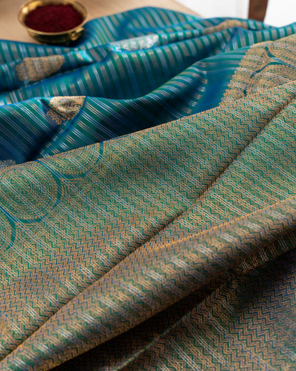Kanchipuram Silk Stripes and Butta Sea Green Saree With Rakhi and Gift Box