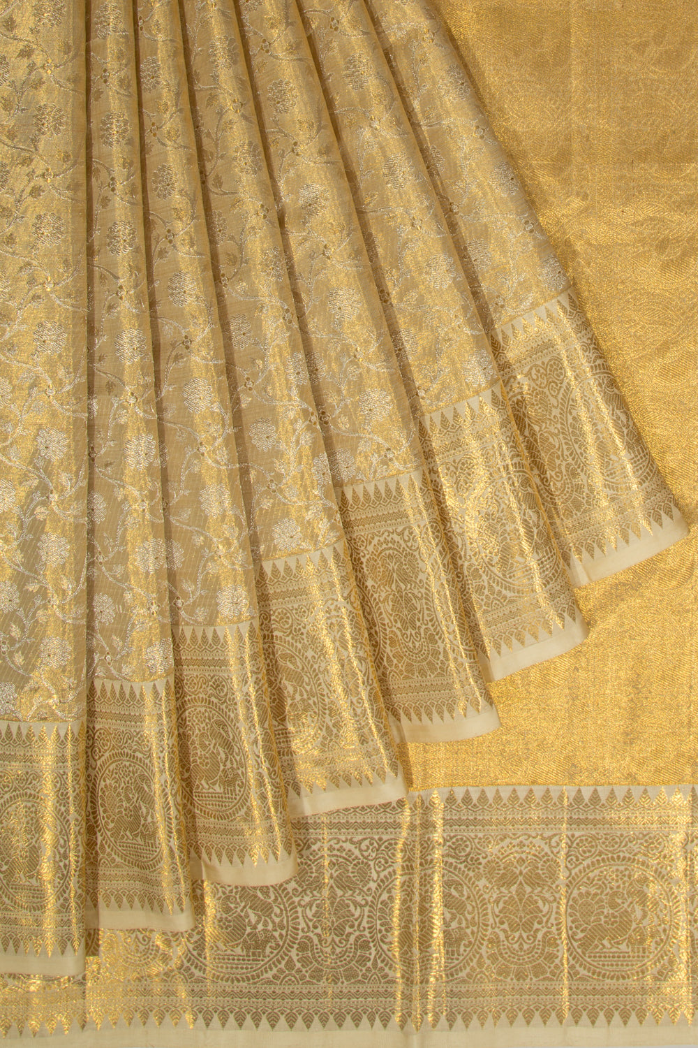 Kanchipuram Silk Tissue Jaal Gold Saree