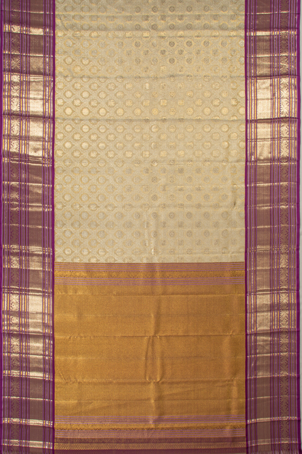 Kanchipuram Silk Tissue Jaal And Butta Cream Saree