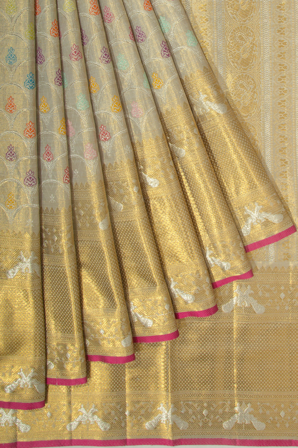Kanchipuram Silk Tissue Jaal Silver Saree