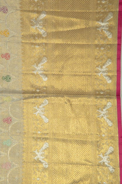 Kanchipuram Silk Tissue Jaal Silver Saree
