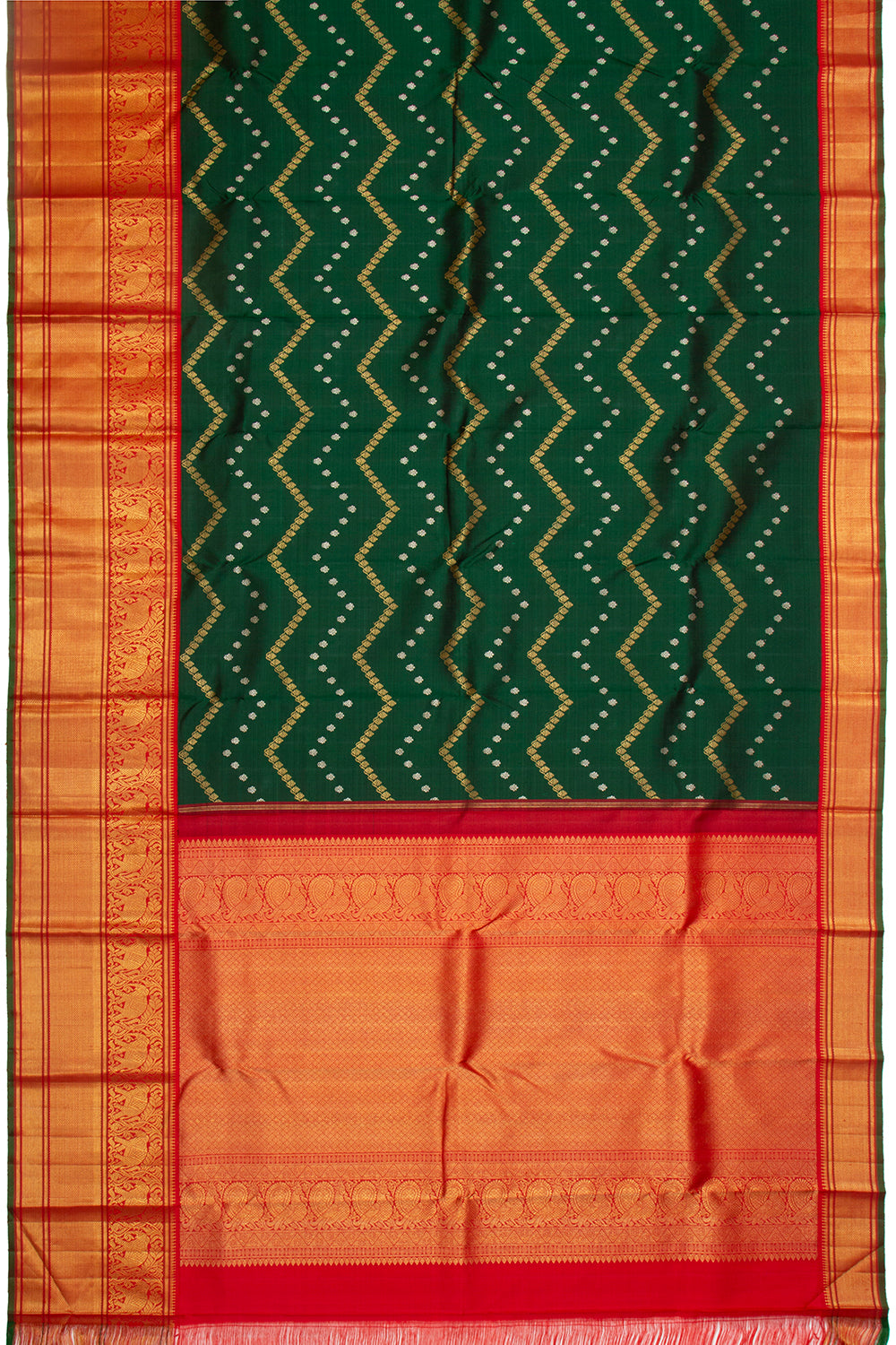 Kanchipuram Silk Zig-Zag Lines Bottle Green Saree