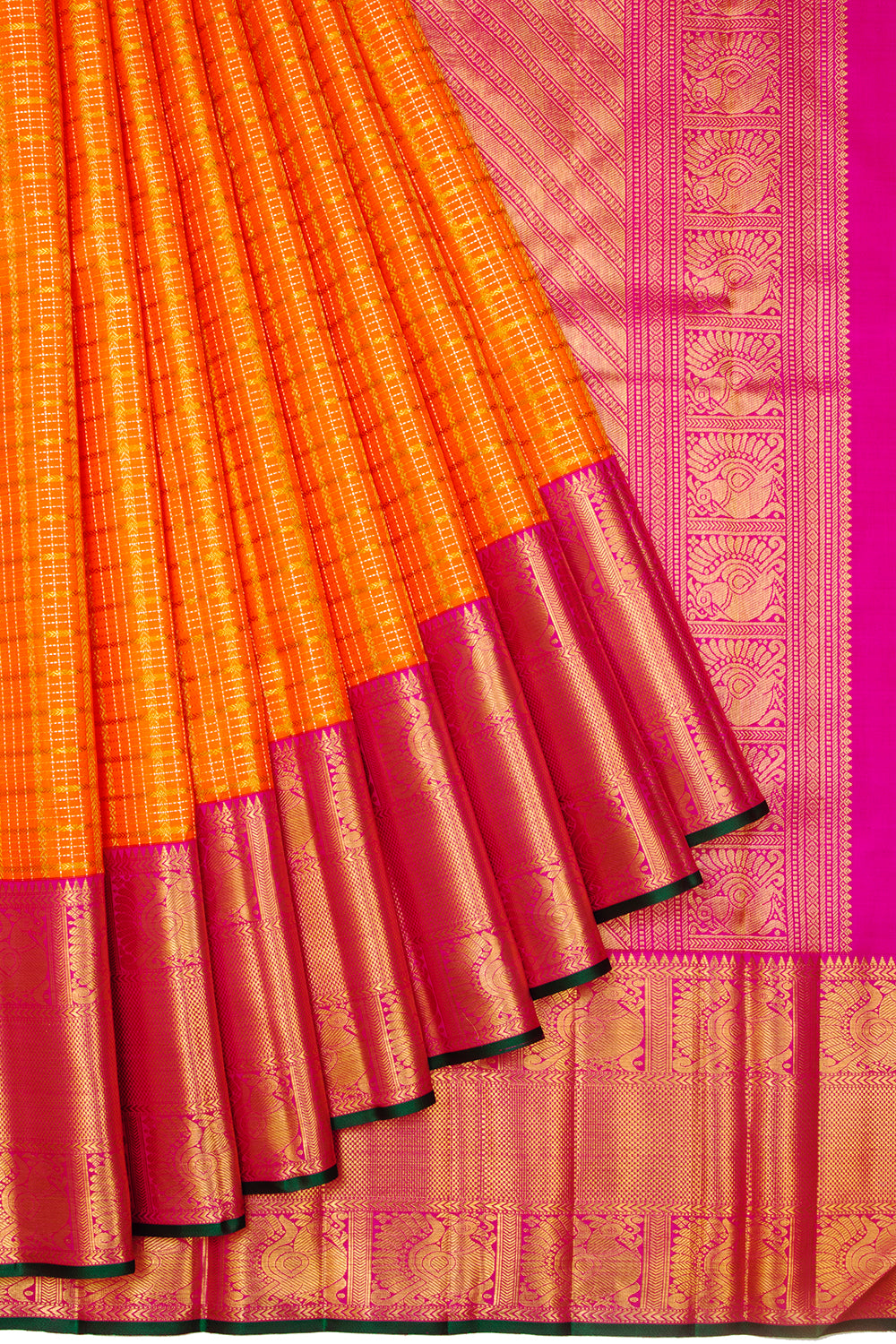 Kanchipuram Silk Checks Orange Saree