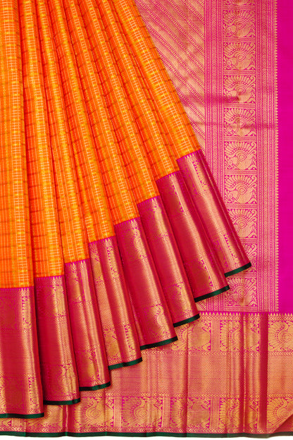 Kanchipuram Silk Checks Orange Saree