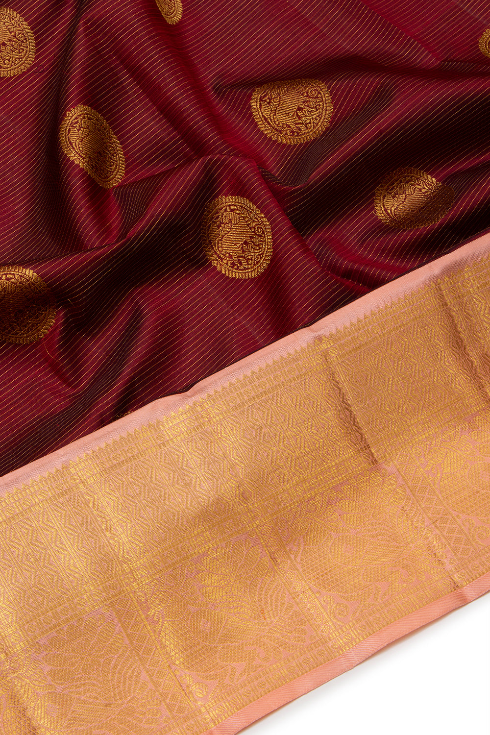 Kanchipuram Silk Oosi Lines And Butta Maroon Saree