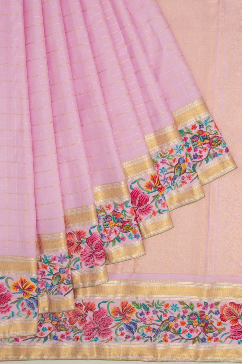 Kanchipuram Silk Checks Baby Pink Saree With Petite Point