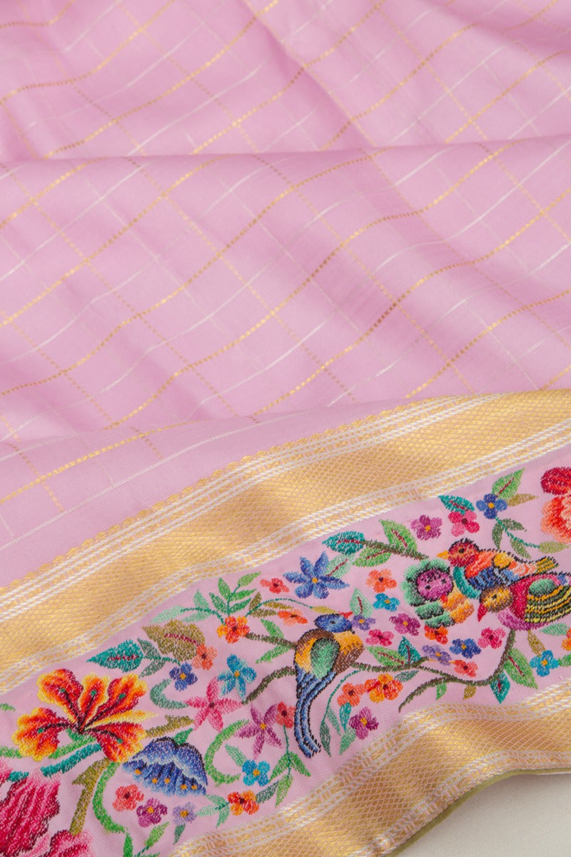 Kanchipuram Silk Checks Baby Pink Saree With Petite Point