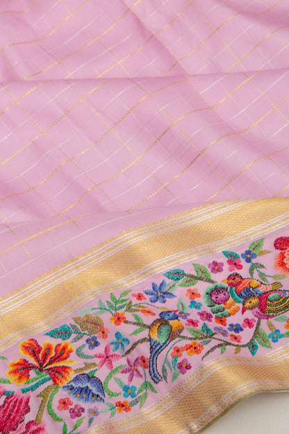 Kanchipuram Silk Checks Baby Pink Saree With Petite Point