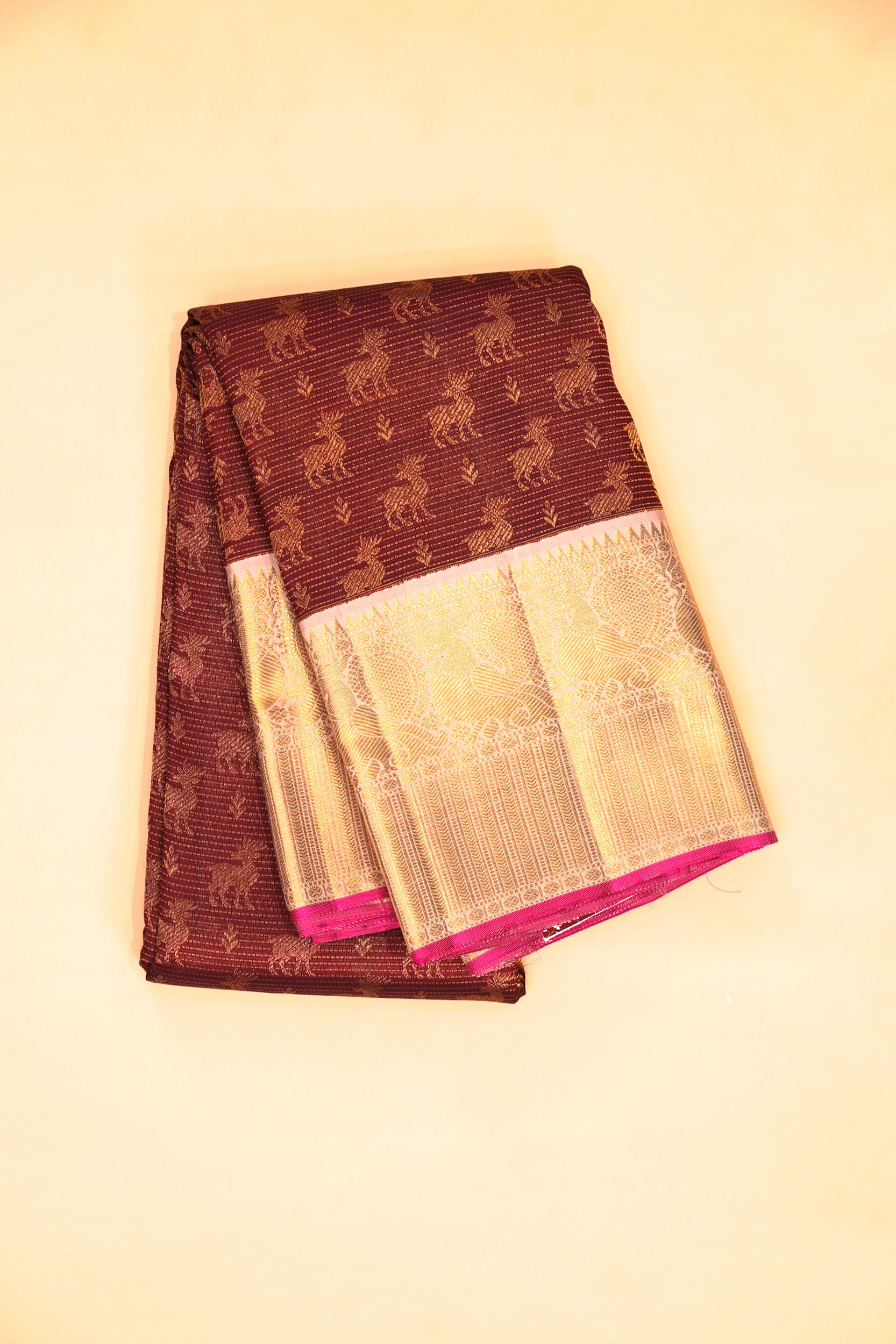 Kanchipuram Silk Horizontal Lines And Butta Brown Saree