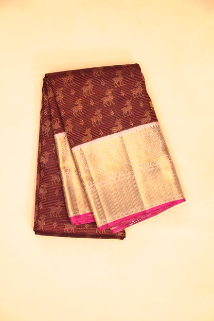 Kanchipuram Silk Horizontal Lines And Butta Brown Saree