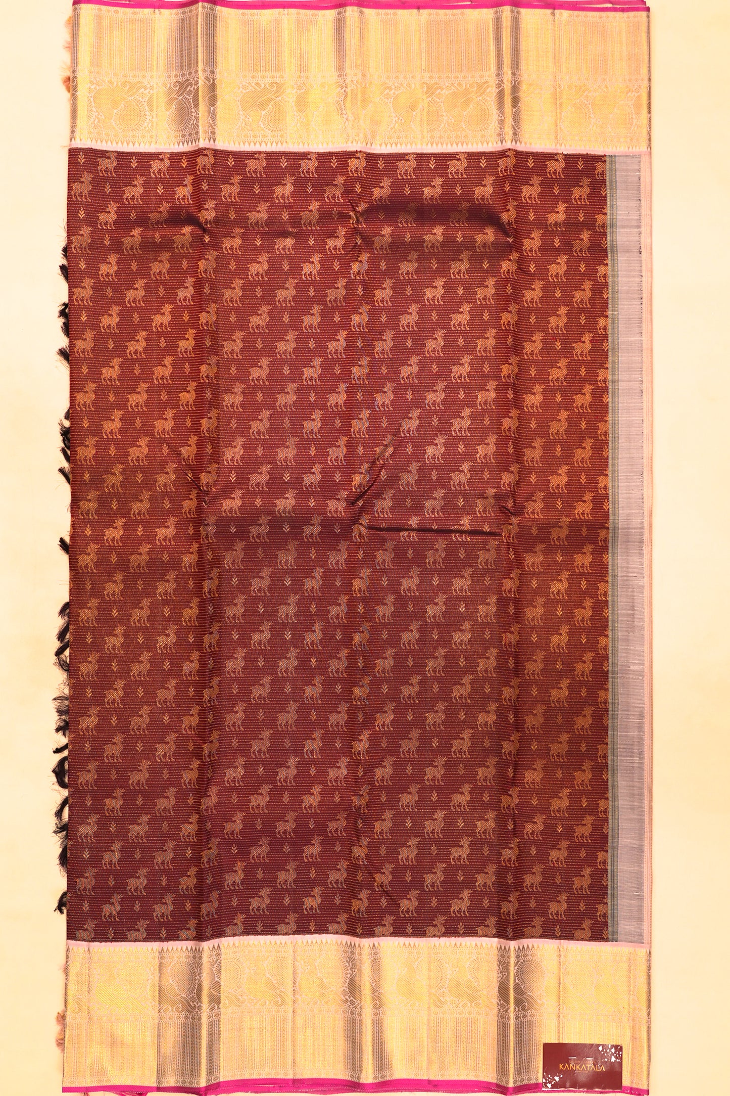 Kanchipuram Silk Horizontal Lines And Butta Brown Saree
