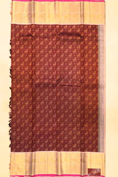 Kanchipuram Silk Horizontal Lines And Butta Brown Saree