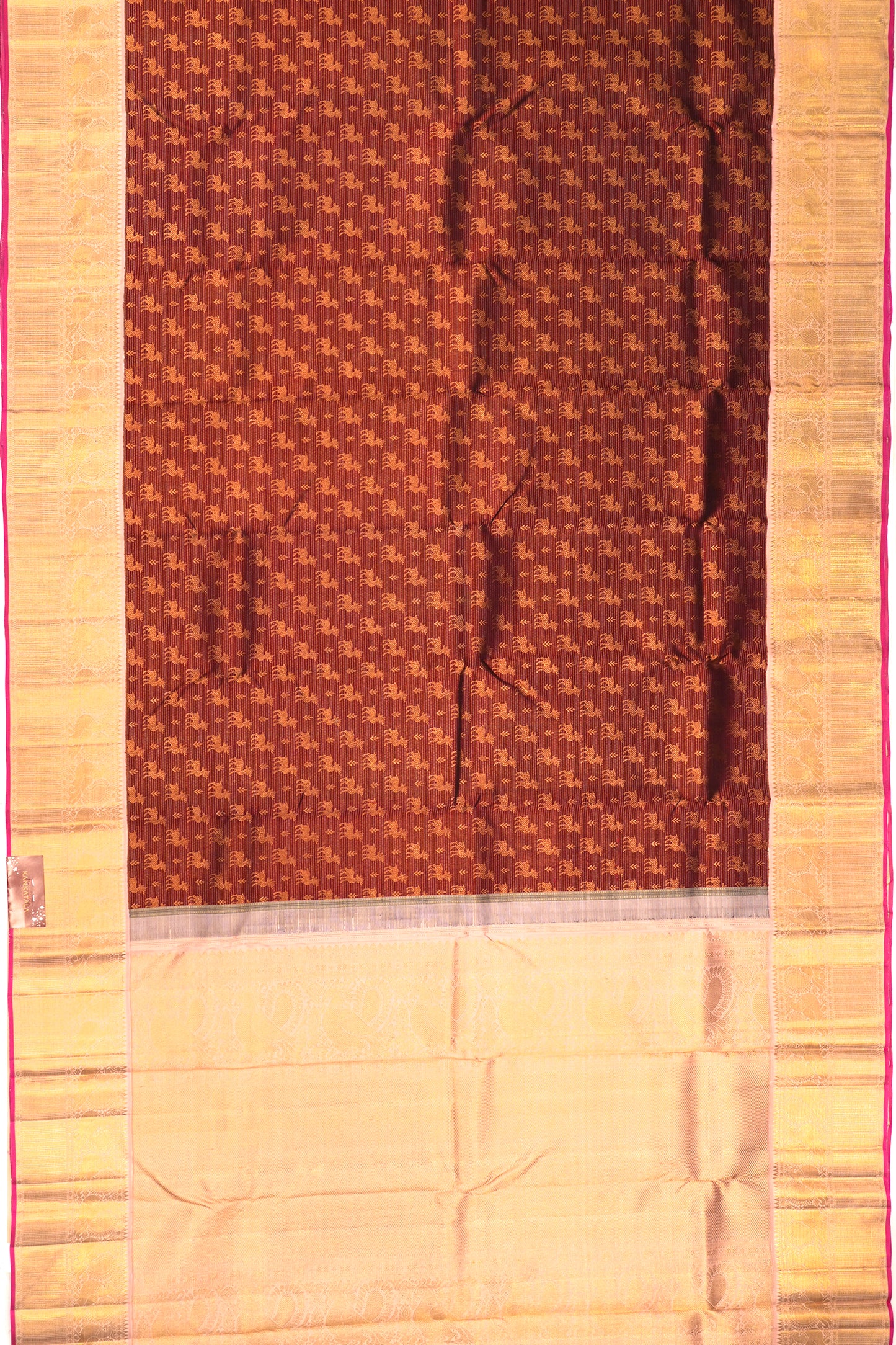 Kanchipuram Silk Horizontal Lines And Butta Brown Saree