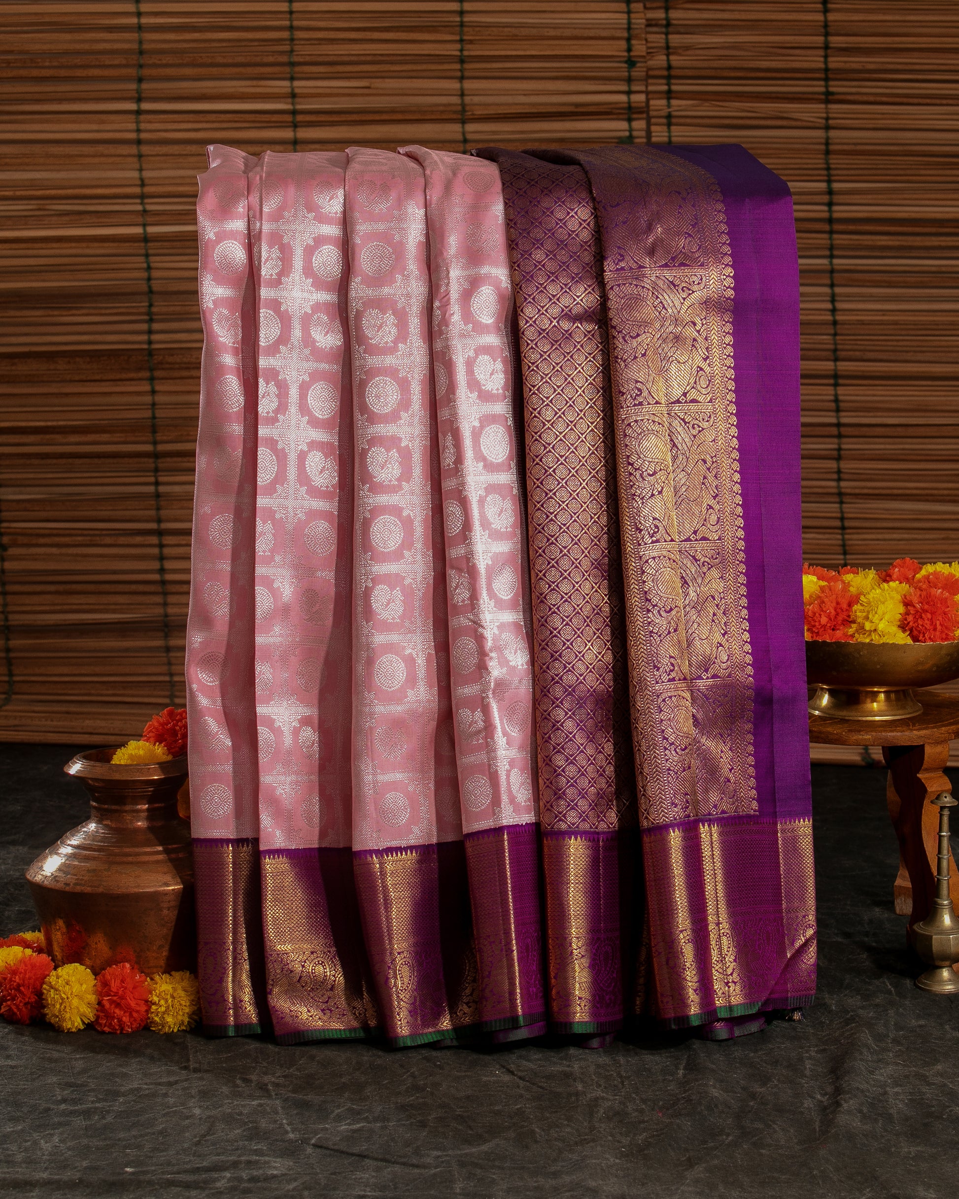 Kanchipuram Silk Checks And Butta Pastel Pink Saree