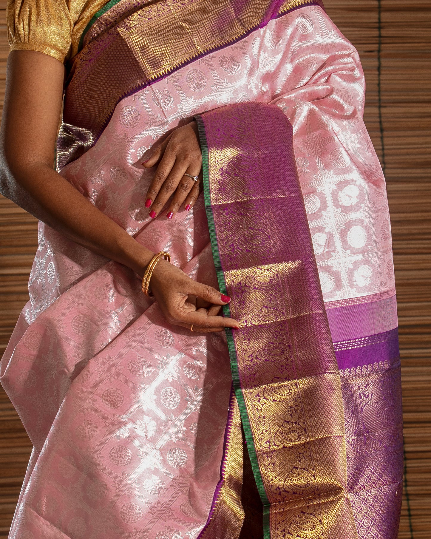 Kanchipuram Silk Checks And Butta Pastel Pink Saree