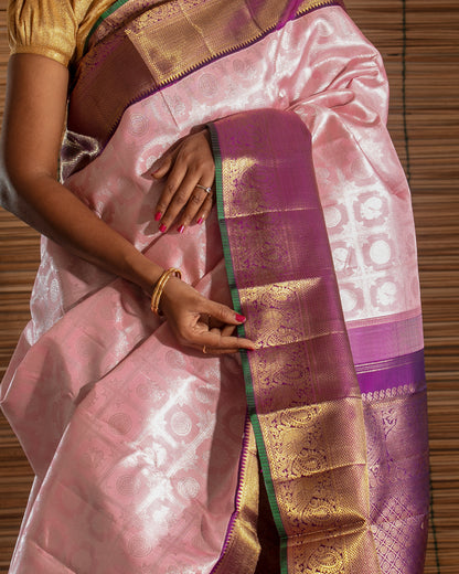 Kanchipuram Silk Checks And Butta Pastel Pink Saree