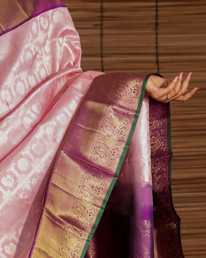 Kanchipuram Silk Checks And Butta Pastel Pink Saree