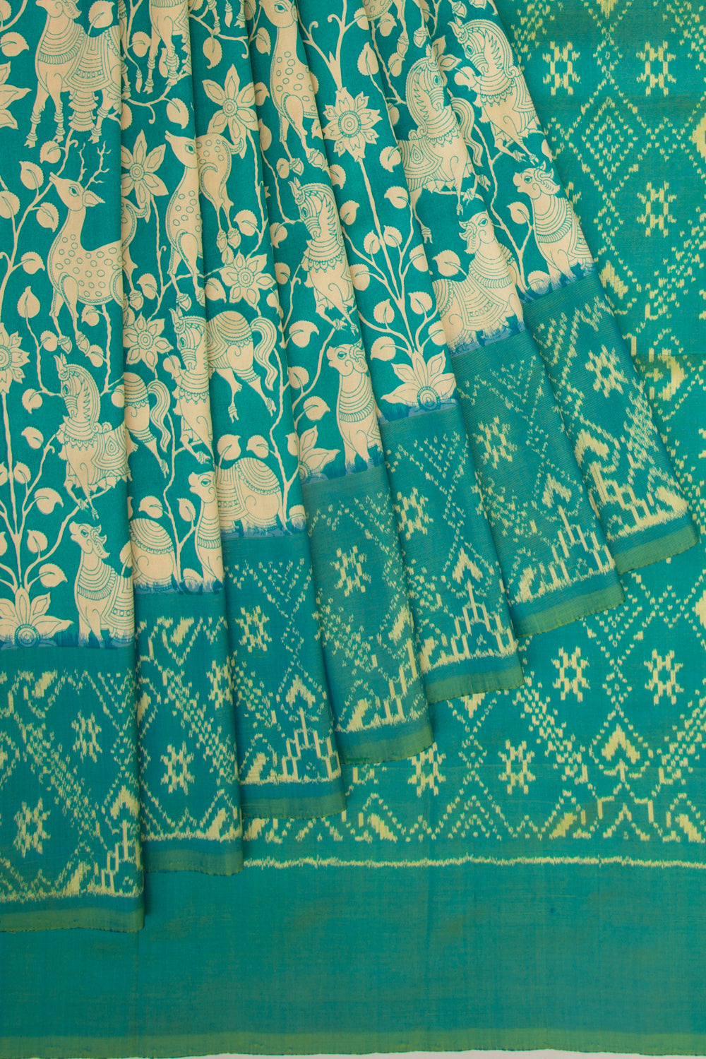 Pochampally Silk Ikat Pichwai Printed Sea Green Saree