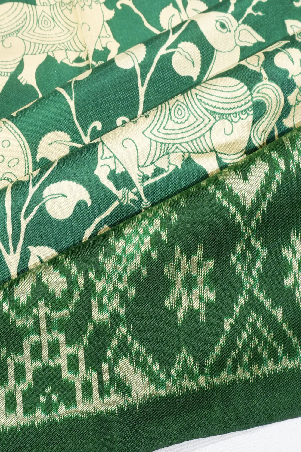 Pochampally Silk Floral Printed Green Saree With Ikat Border
