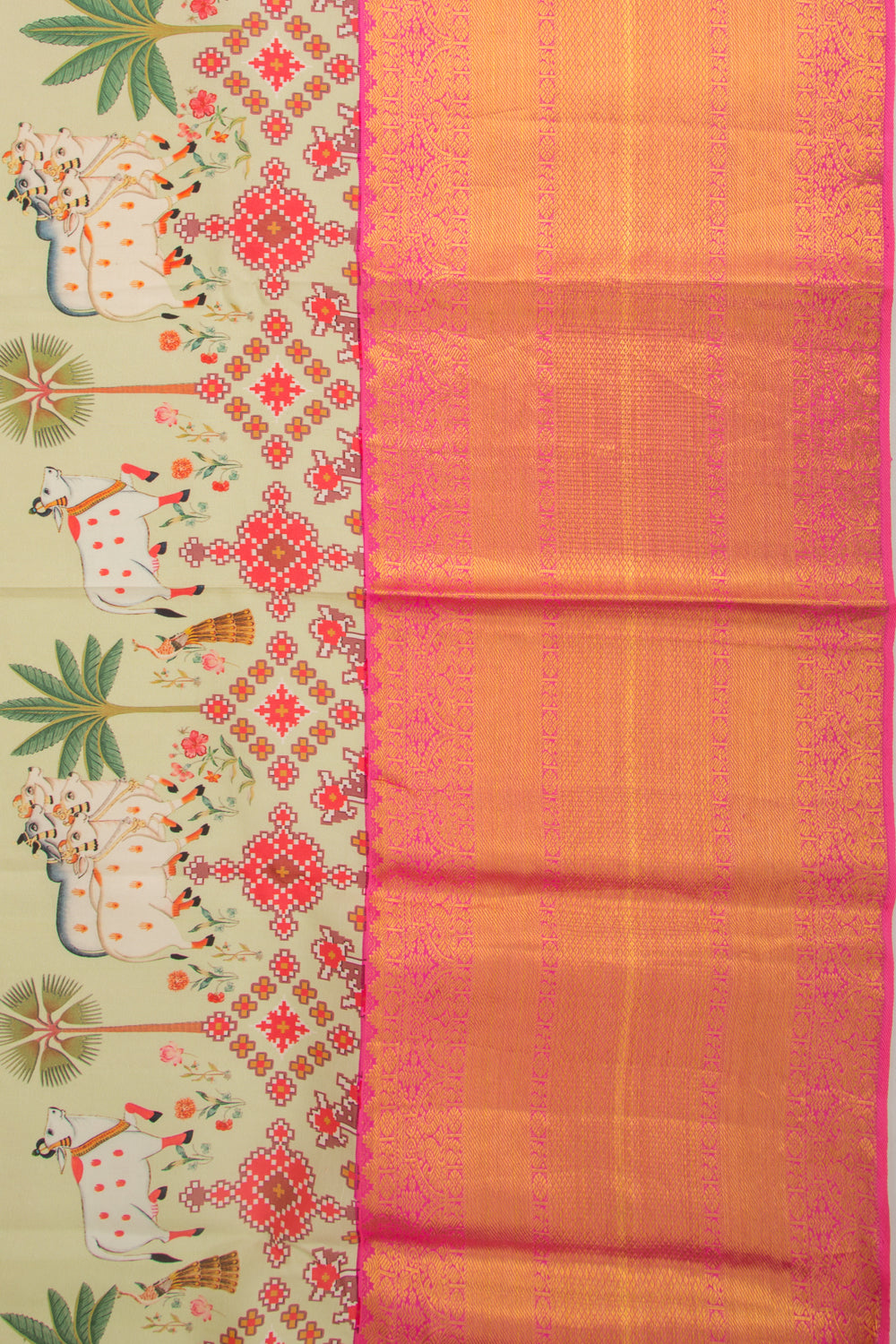 Kanchipuram Silk Pichwai Printed Pastel Green Saree