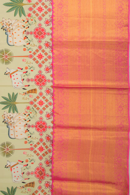 Kanchipuram Silk Pichwai Printed Pastel Green Saree