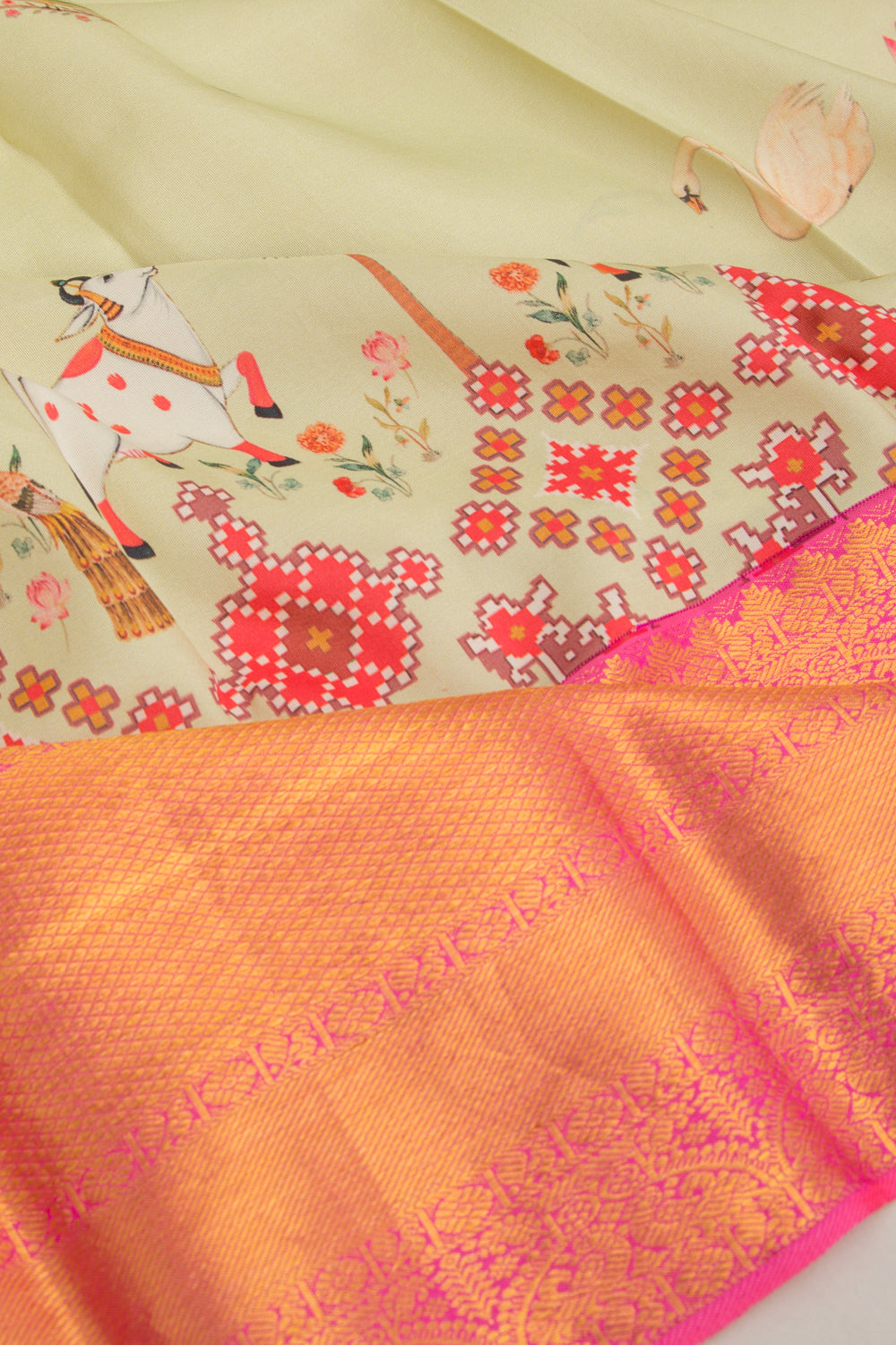 Kanchipuram Silk Pichwai Printed Pastel Green Saree