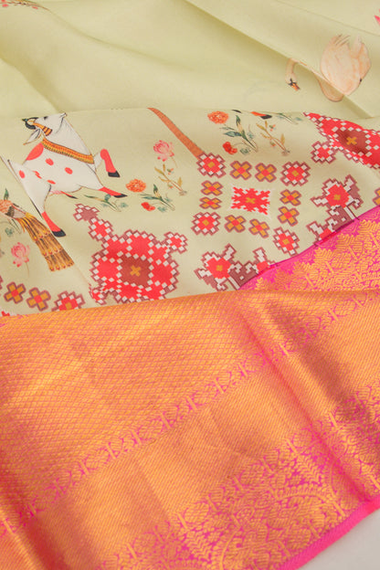 Kanchipuram Silk Pichwai Printed Pastel Green Saree