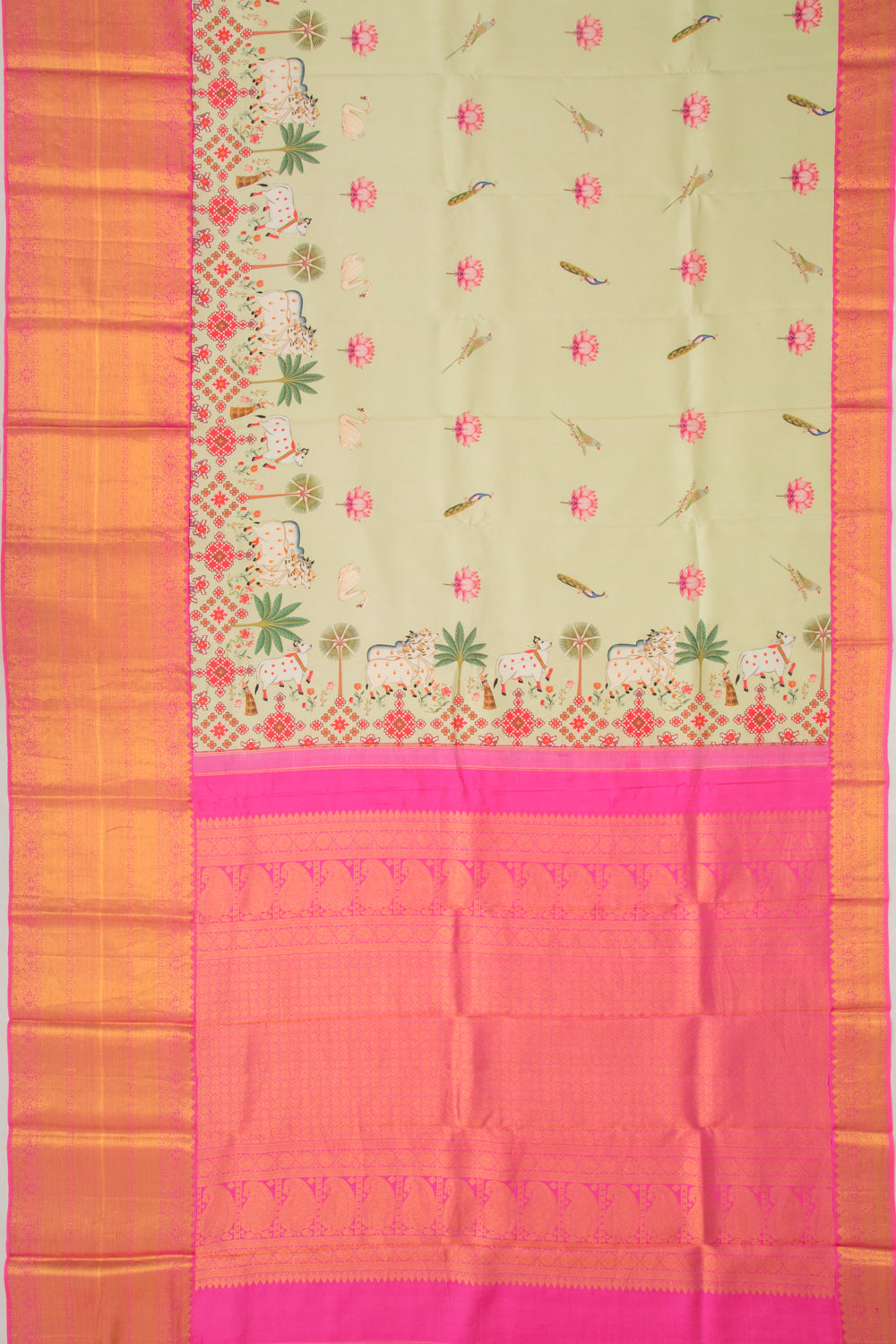 Kanchipuram Silk Pichwai Printed Pastel Green Saree