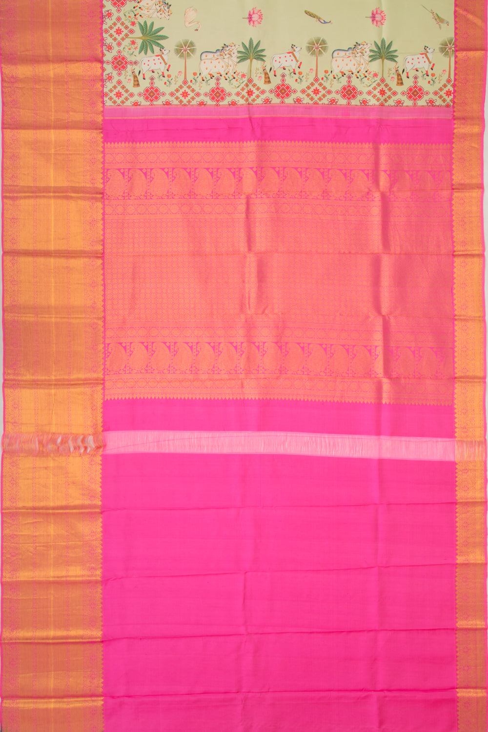 Kanchipuram Silk Pichwai Printed Pastel Green Saree