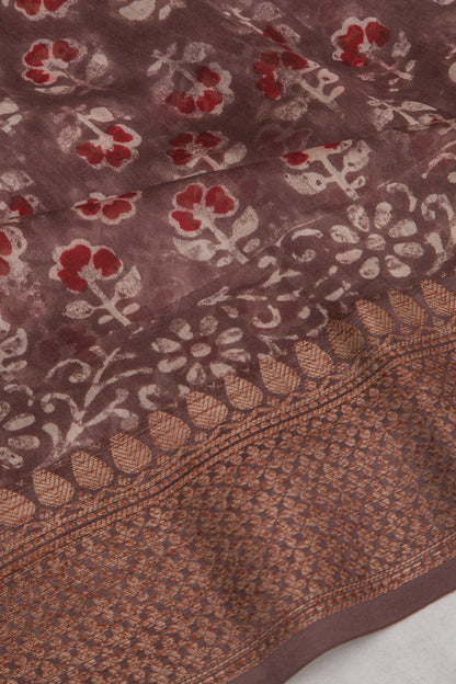 Chanderi Soft Silk Floral Printed Brown Saree