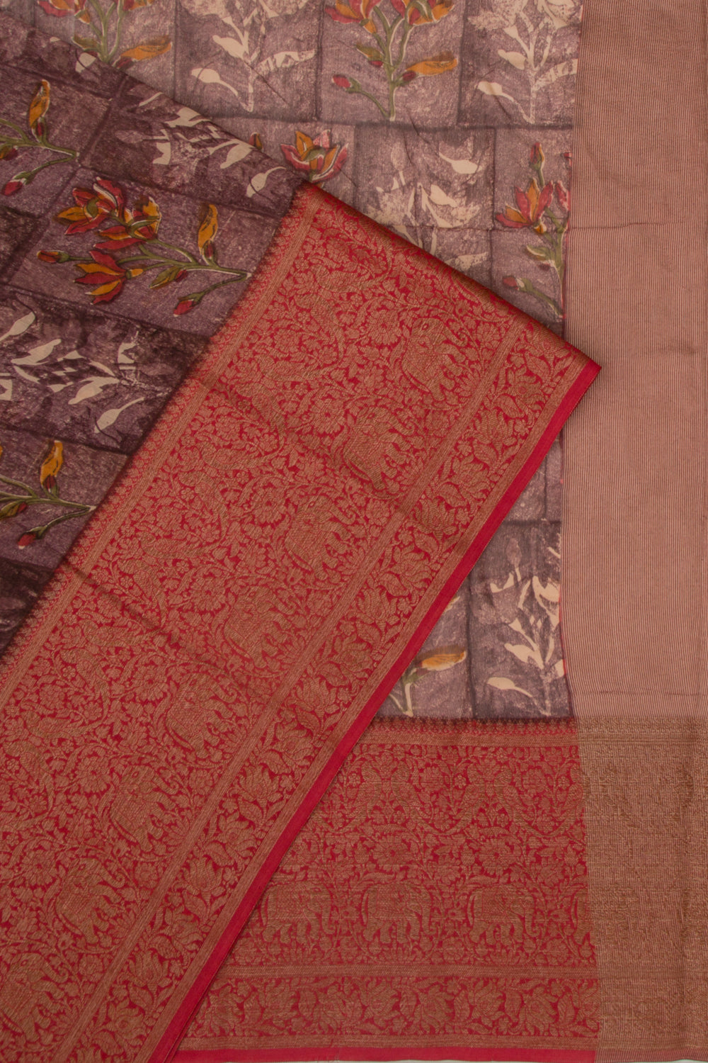 Chanderi Silk Floral Printed Burgundy Saree