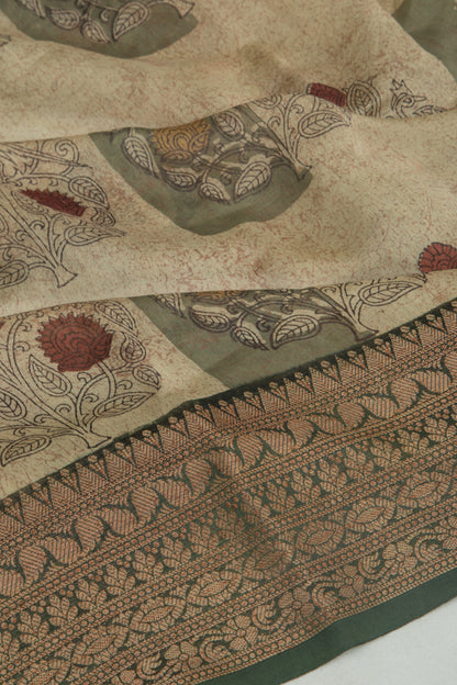 Chanderi Silk Floral Printed Cream Saree