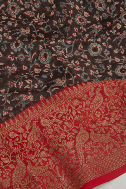 Chanderi Silk Floral Printed Black Saree