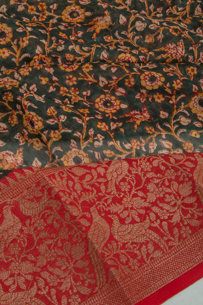 Chanderi Soft Silk Floral Printed Dark Green Saree