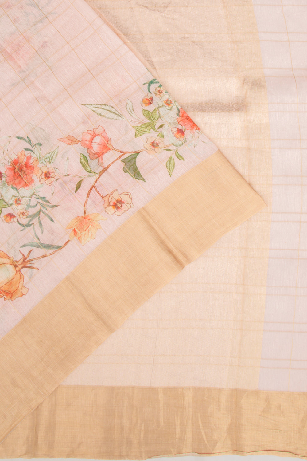 Linen Checks And Printed Pastel Pink Saree