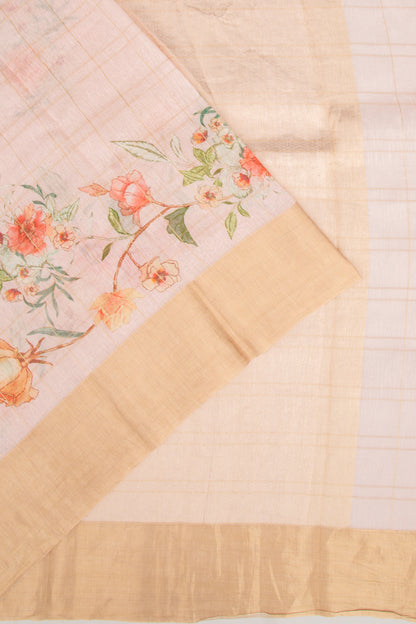 Linen Checks And Printed Pastel Pink Saree