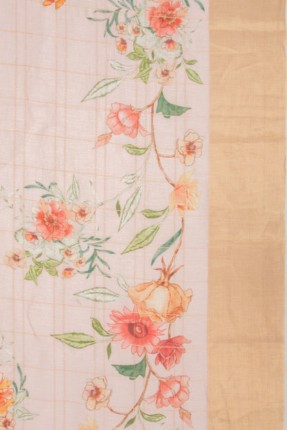 Linen Checks And Printed Pastel Pink Saree
