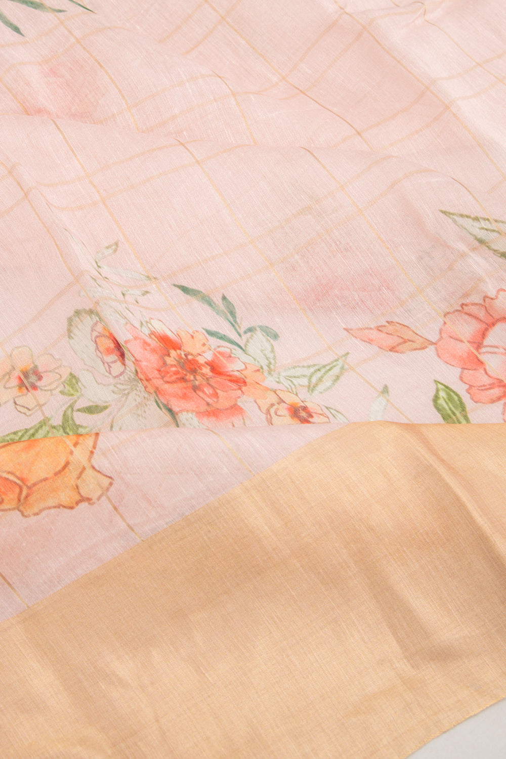 Linen Checks And Printed Pastel Pink Saree