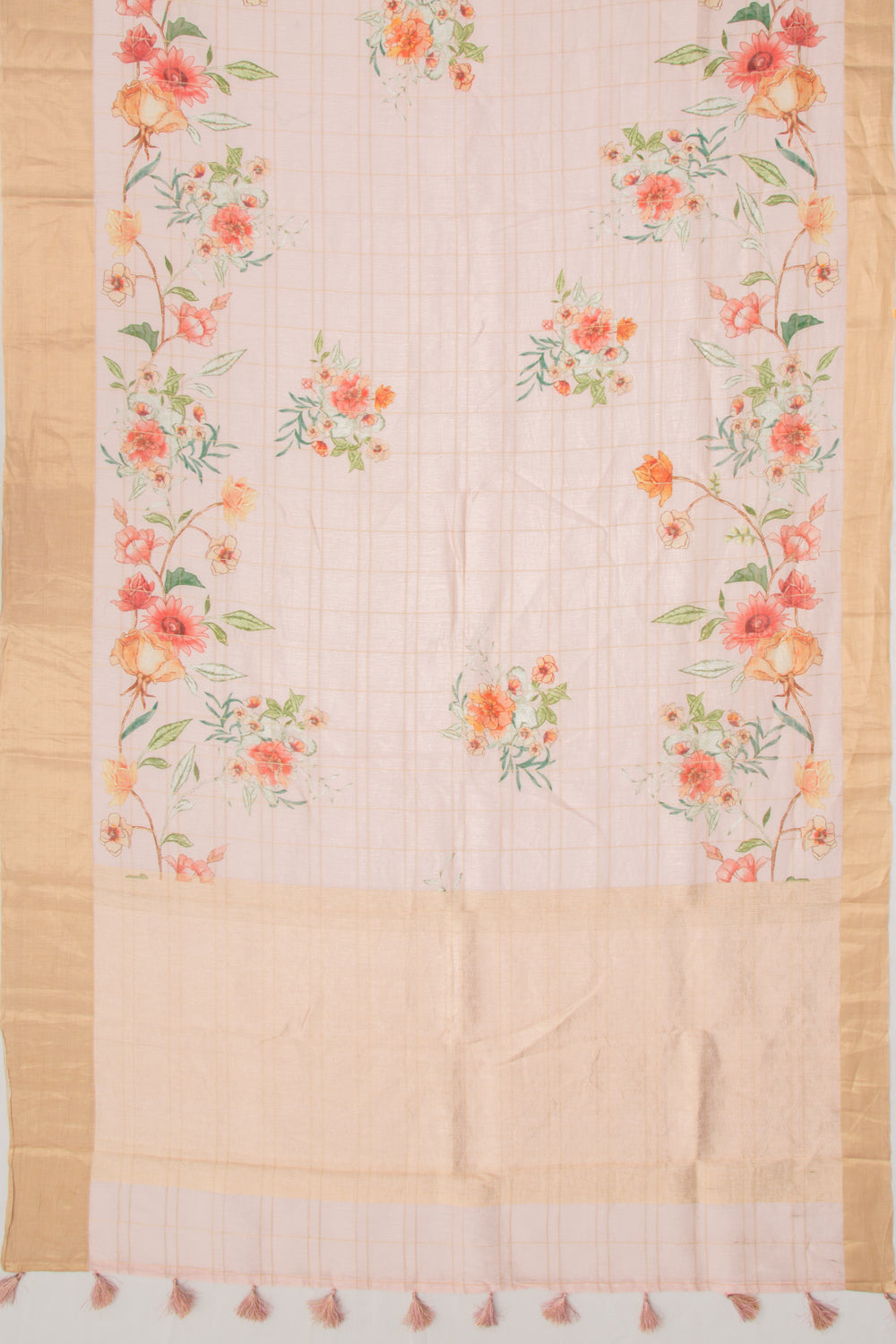 Linen Checks And Printed Pastel Pink Saree