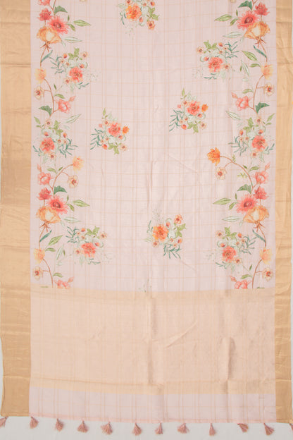 Linen Checks And Printed Pastel Pink Saree
