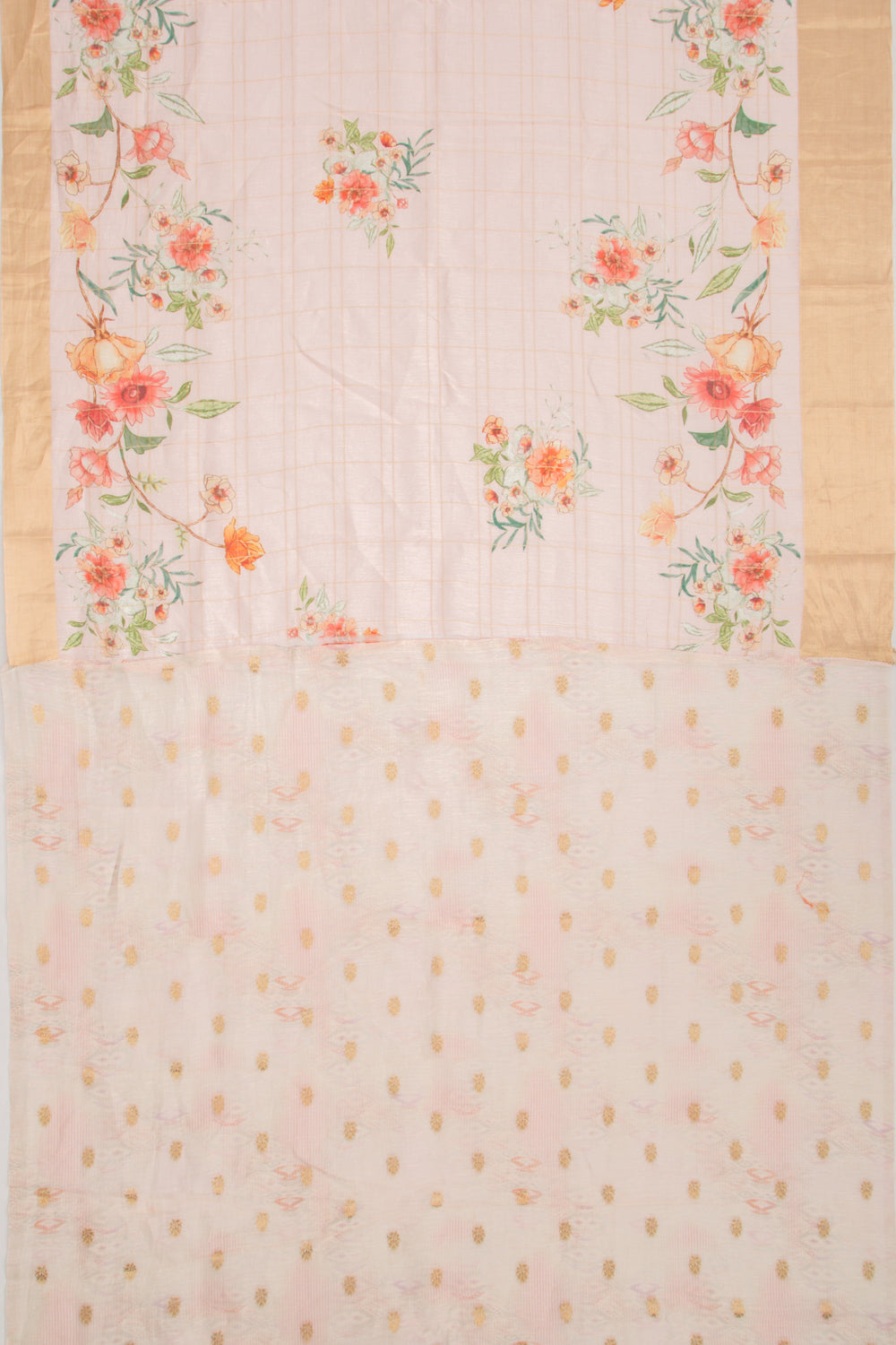 Linen Checks And Printed Pastel Pink Saree