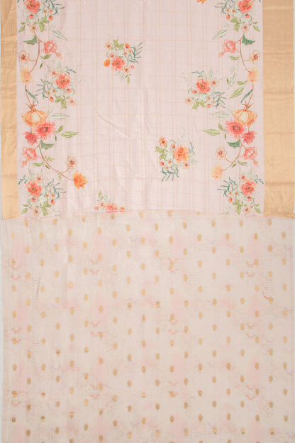 Linen Checks And Printed Pastel Pink Saree