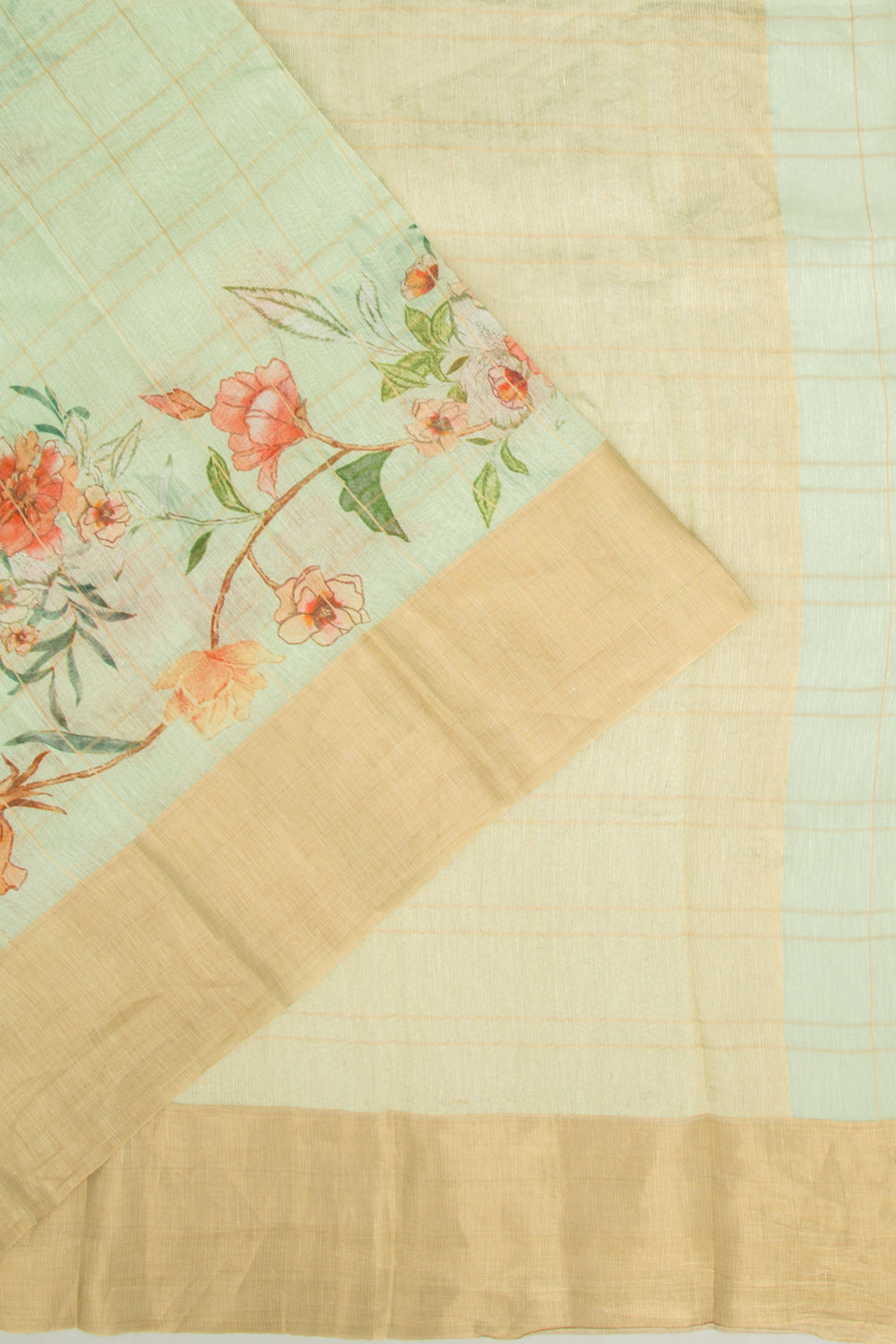 Linen Checks And Printed Pastel Green Saree